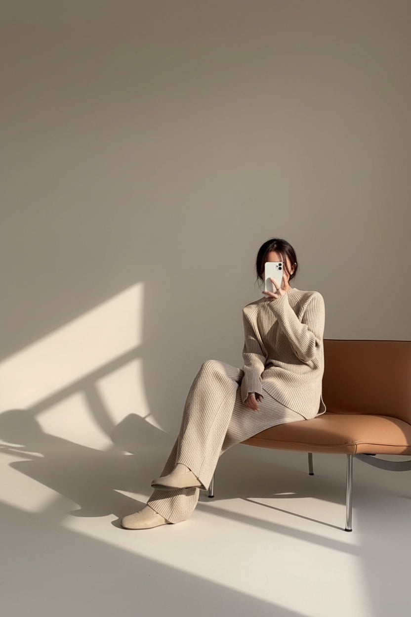 Slit Knit Sweater & Wide Leg Pants Set — Back View