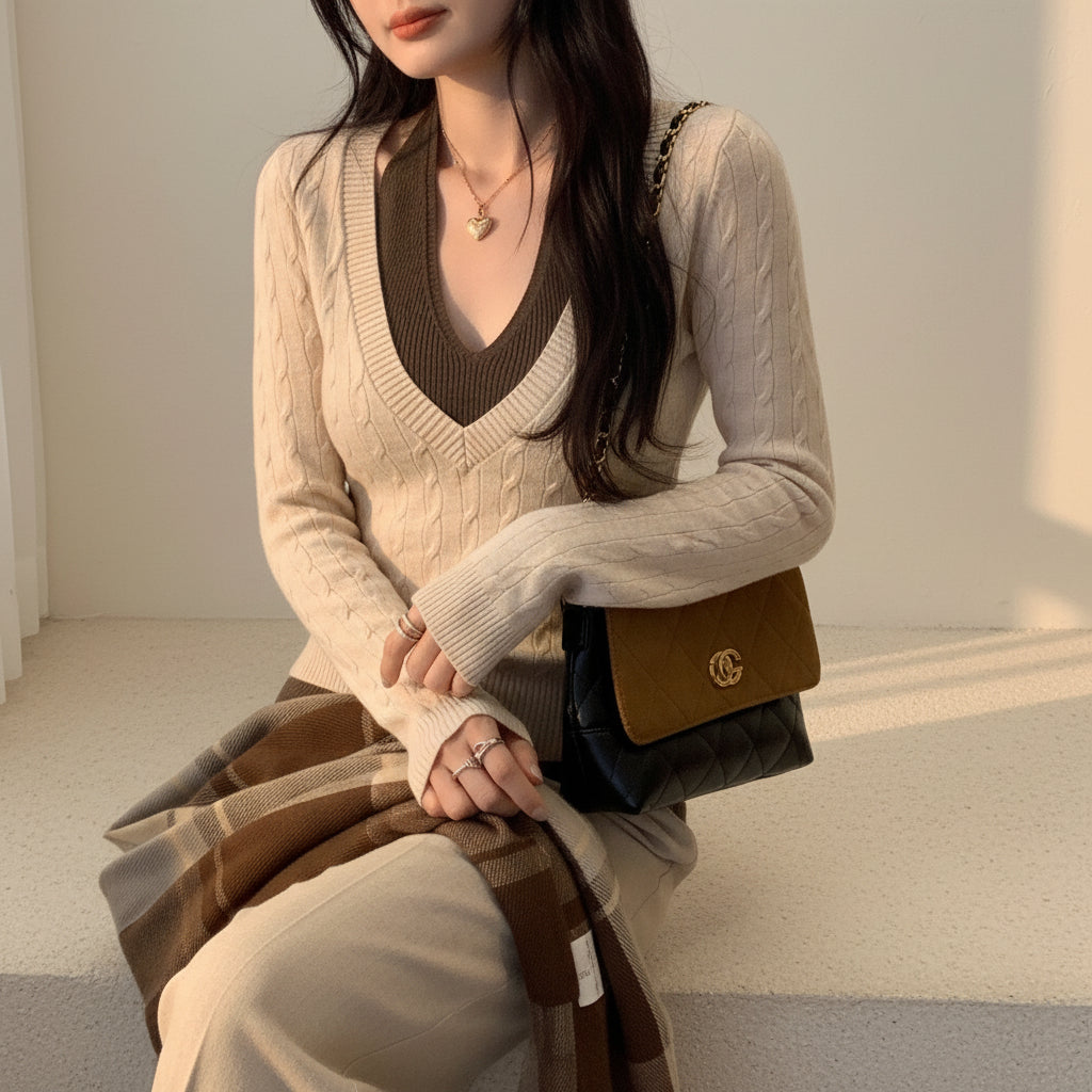 ELNOVÉ Halter Cable Knit V-Neck Sweater