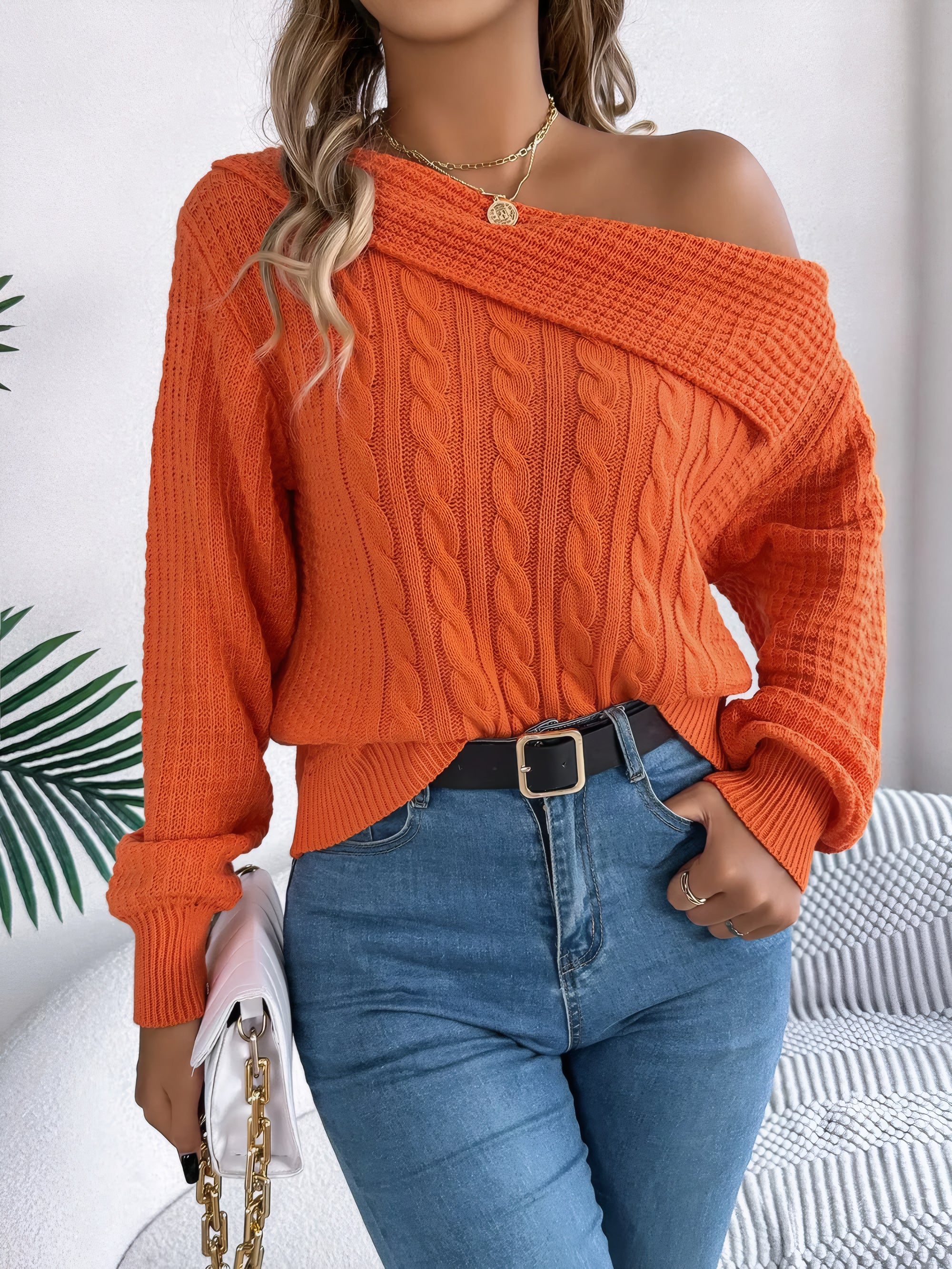 Amélie One-Shoulder Cable-Knit Sweater#Color_Orange