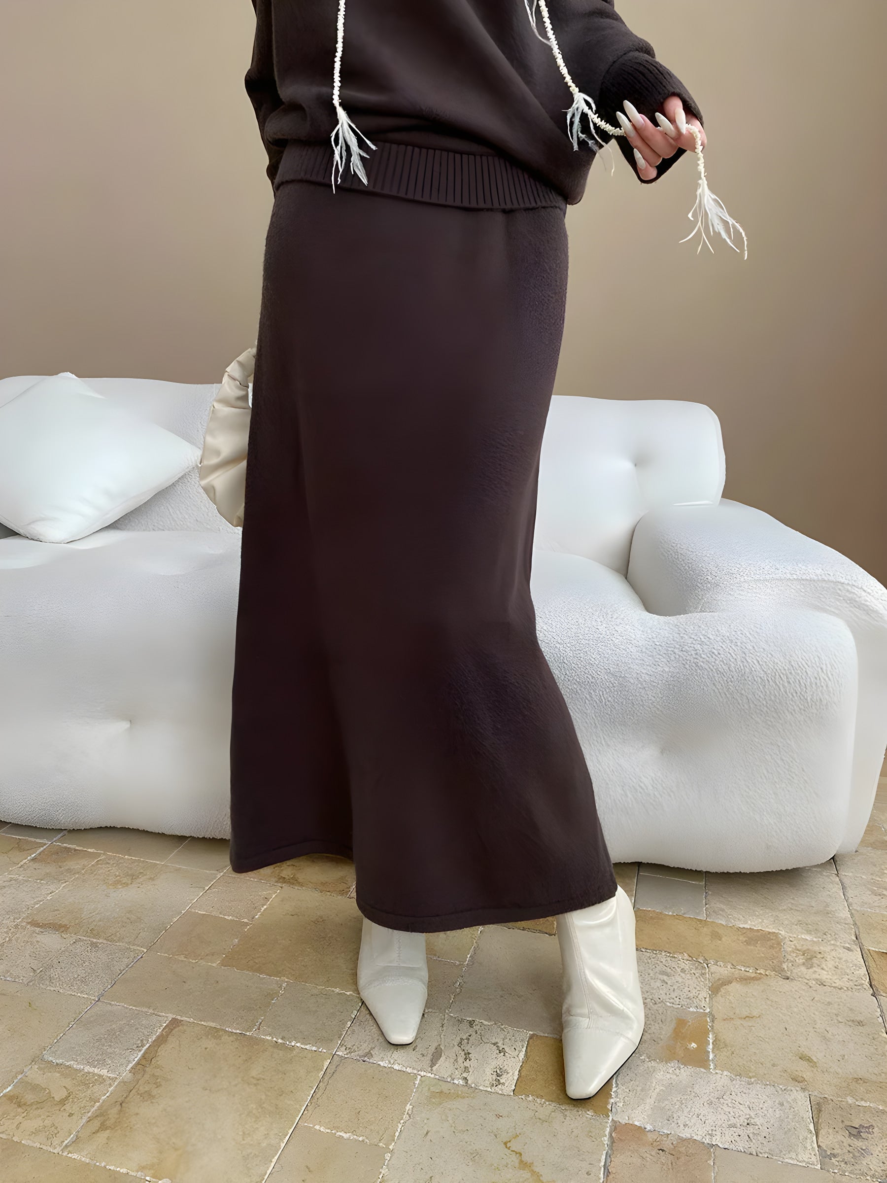 batwing off-shoulder knit two-piece set#Color_Brown
