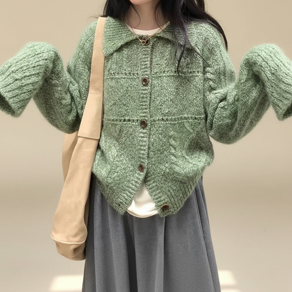 ELNOVÉ Cable Knit Collar Cardigan