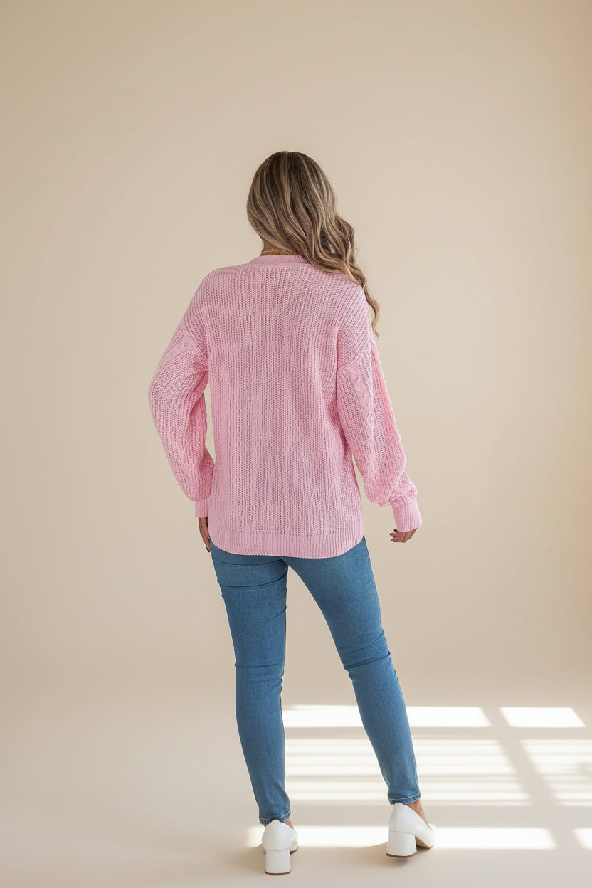 Cable-Knit Long Sleeve Cardigan — Back View