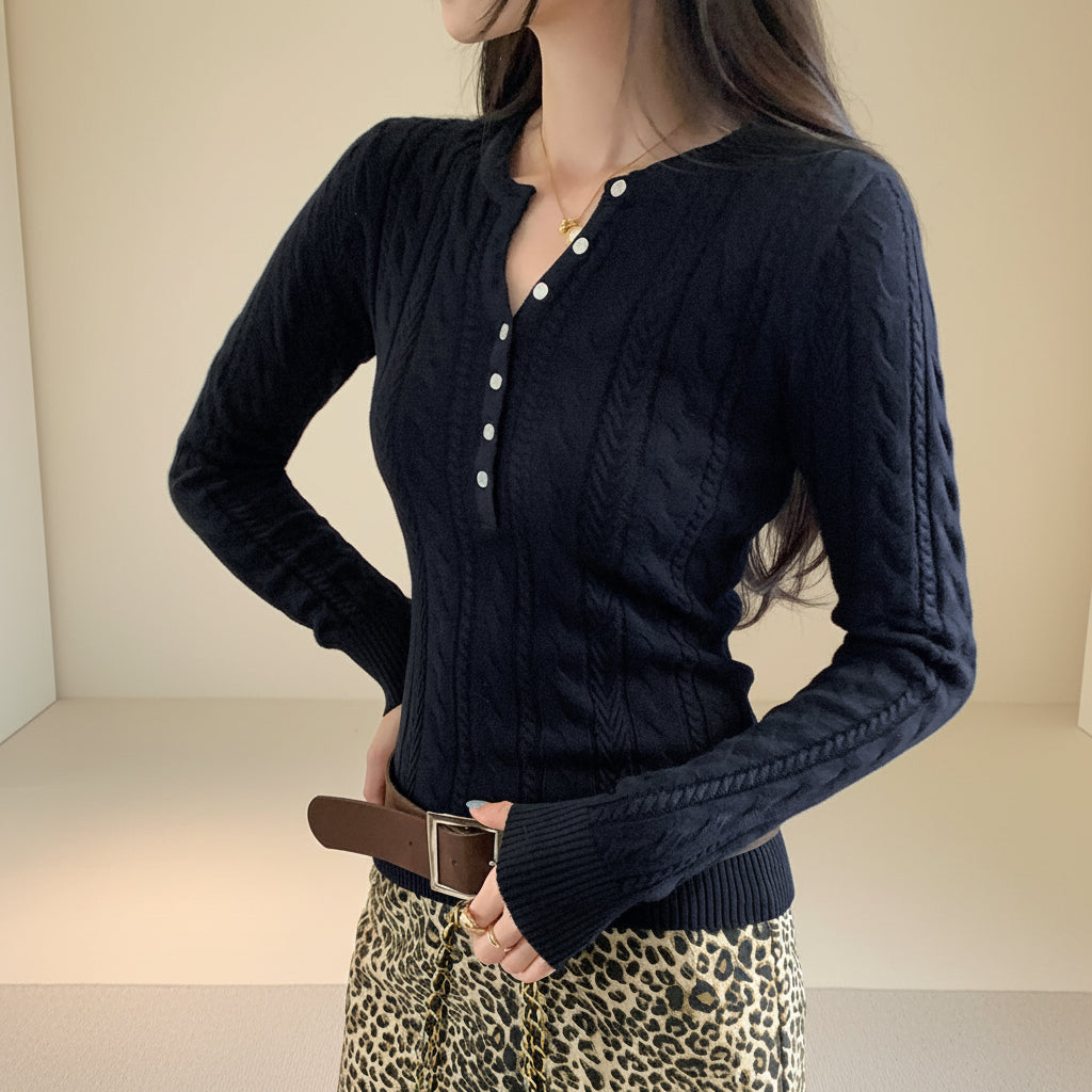 Half-Open Neck Cable Knit Sweater — View 4