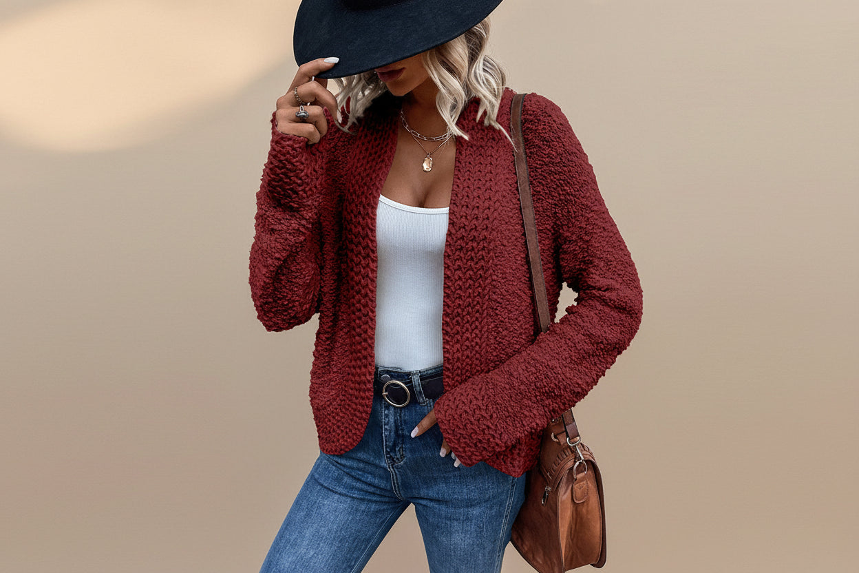Red Popcorn Knit Open Front Cardigan — Front View