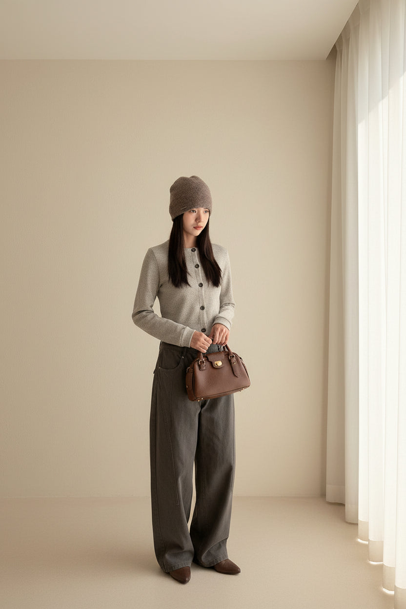 Wooden Button Patchwork Knit Cardigan — Front View