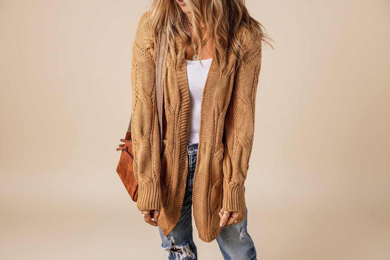 Ribbed Trim Eyelet Cable Knit Cardigan — View 39