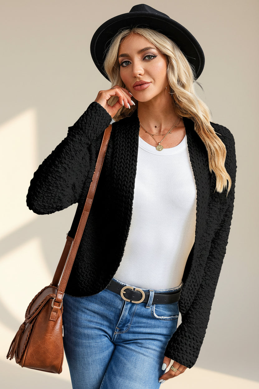 Red Popcorn Knit Open Front Cardigan — Detail View 13