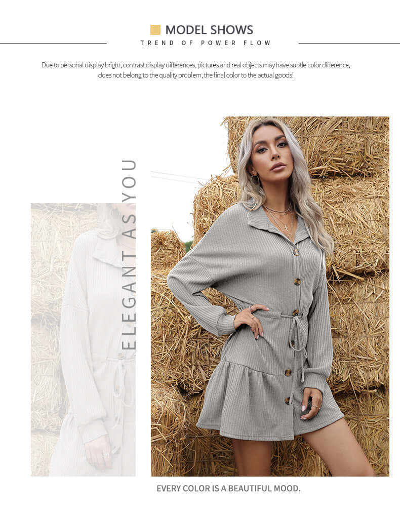 Odette Button-Front A-Line Knit Dress#Color_Gray