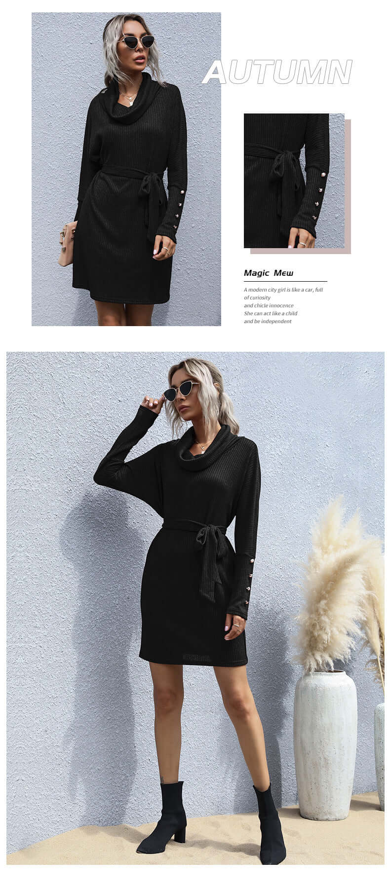 Madeleine Turtleneck Knit Midi Dress#Color_Black