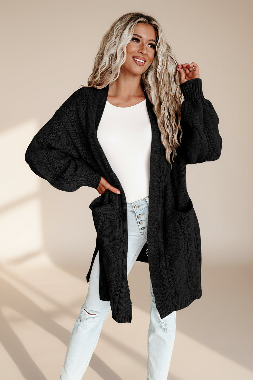 Ribbed Trim Eyelet Cable Knit Cardigan — View 29