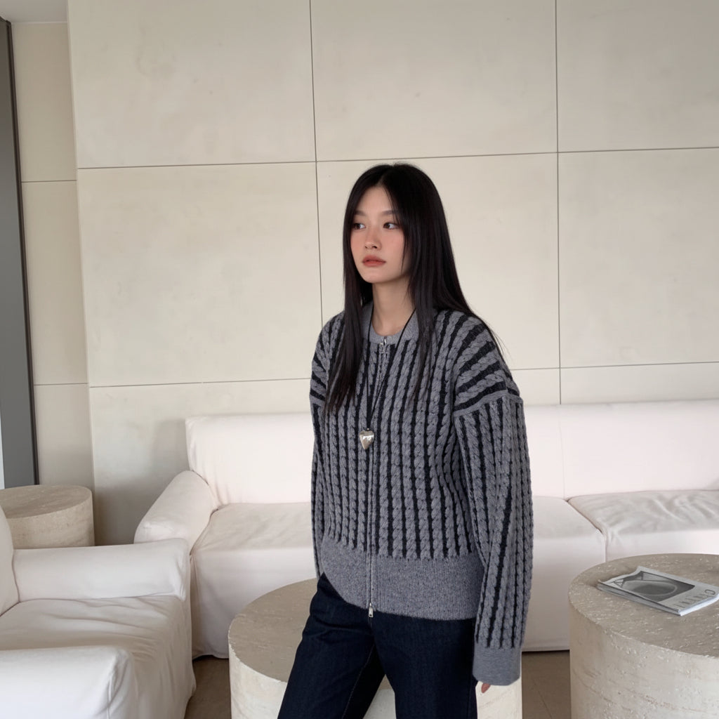 ELNOVÉ Color-Block Stripe Cable Knit Zip Cardigan