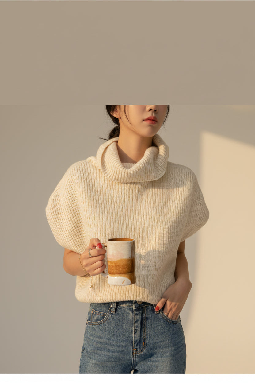 High Neck Ribbed Knit Vest — Back View