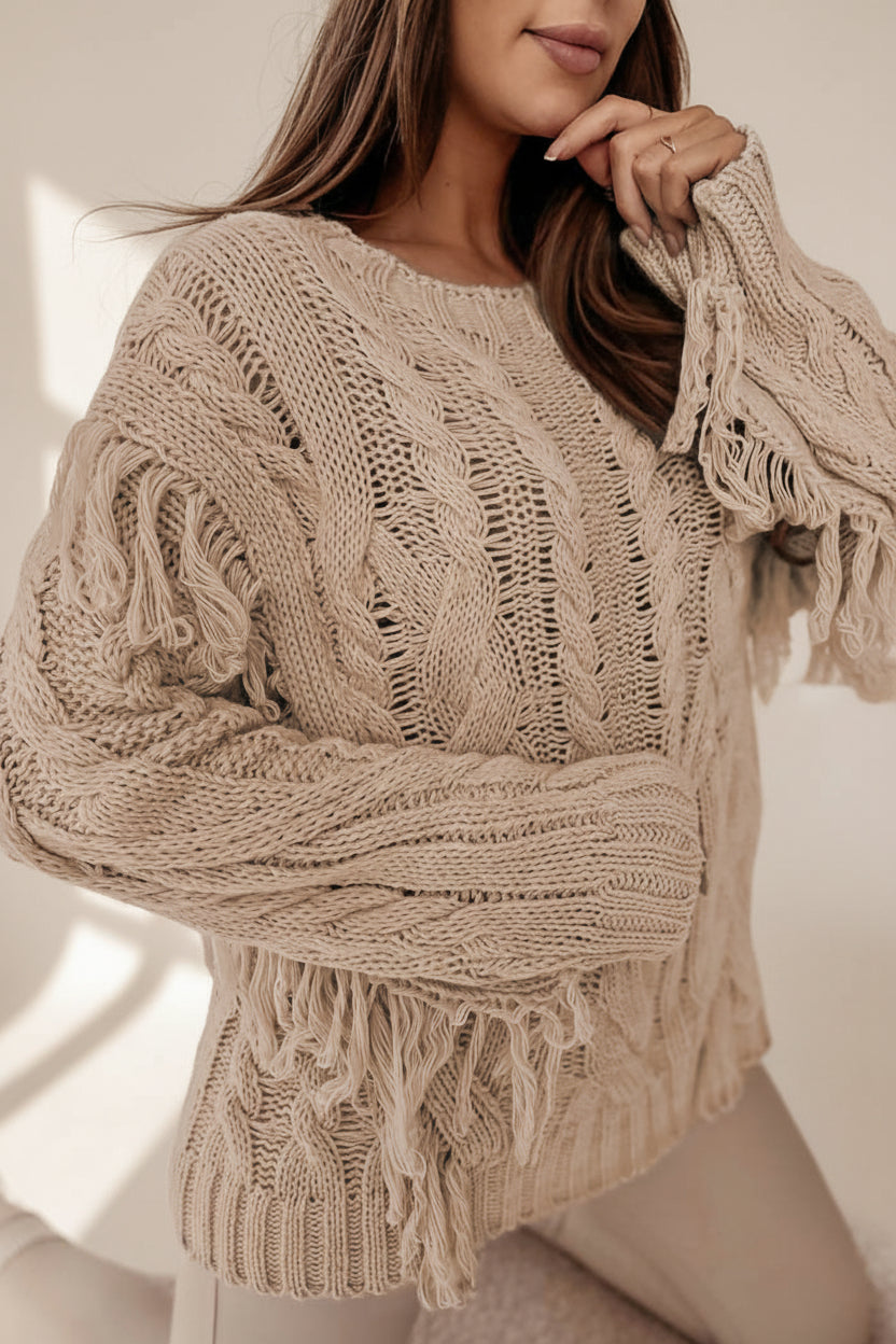 Parchment Tasseled Braided Knit Sweater — Front View