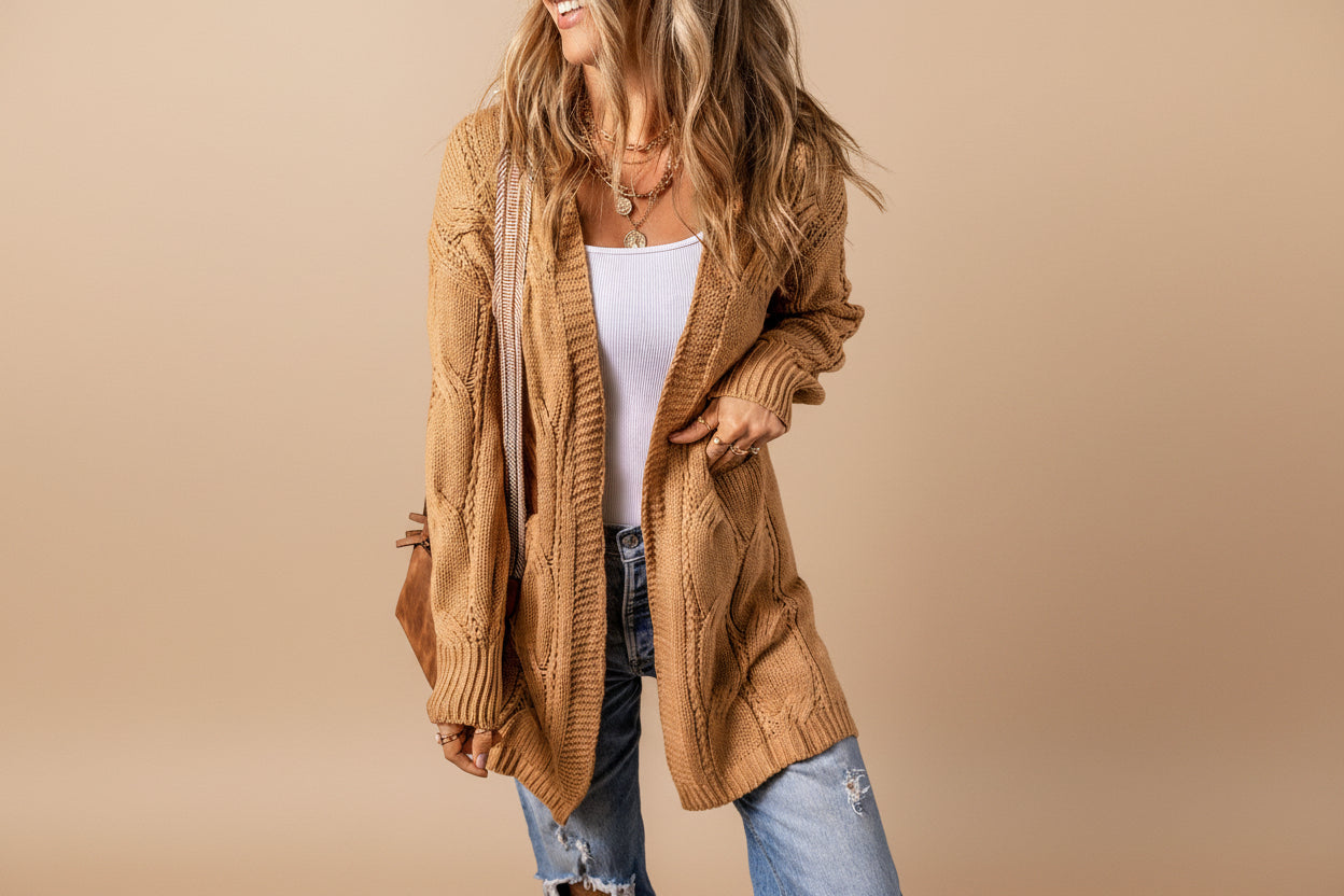 Ribbed Trim Eyelet Cable Knit Cardigan — View 40