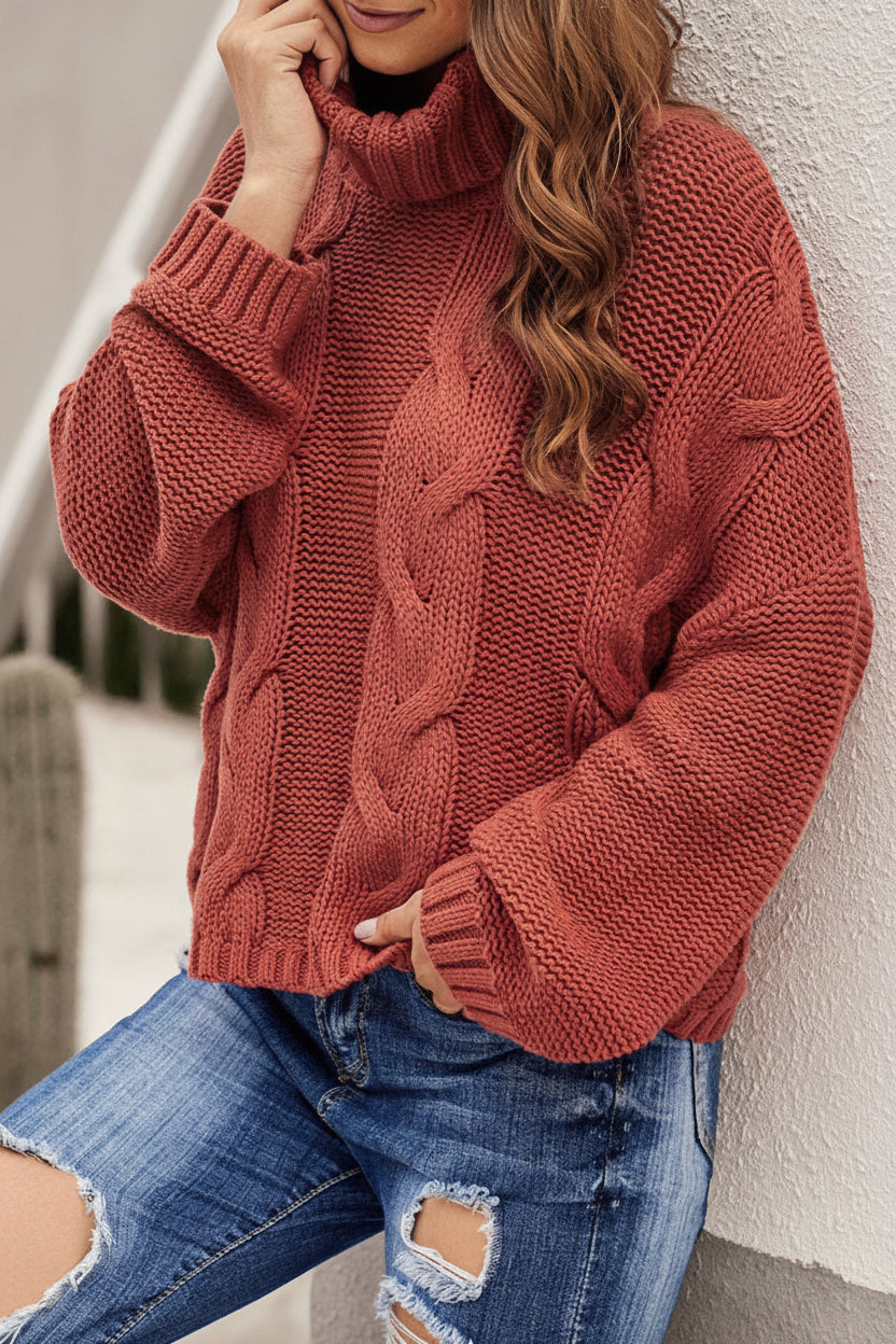 Cable-Knit Handmade Turtleneck Sweater — Back View