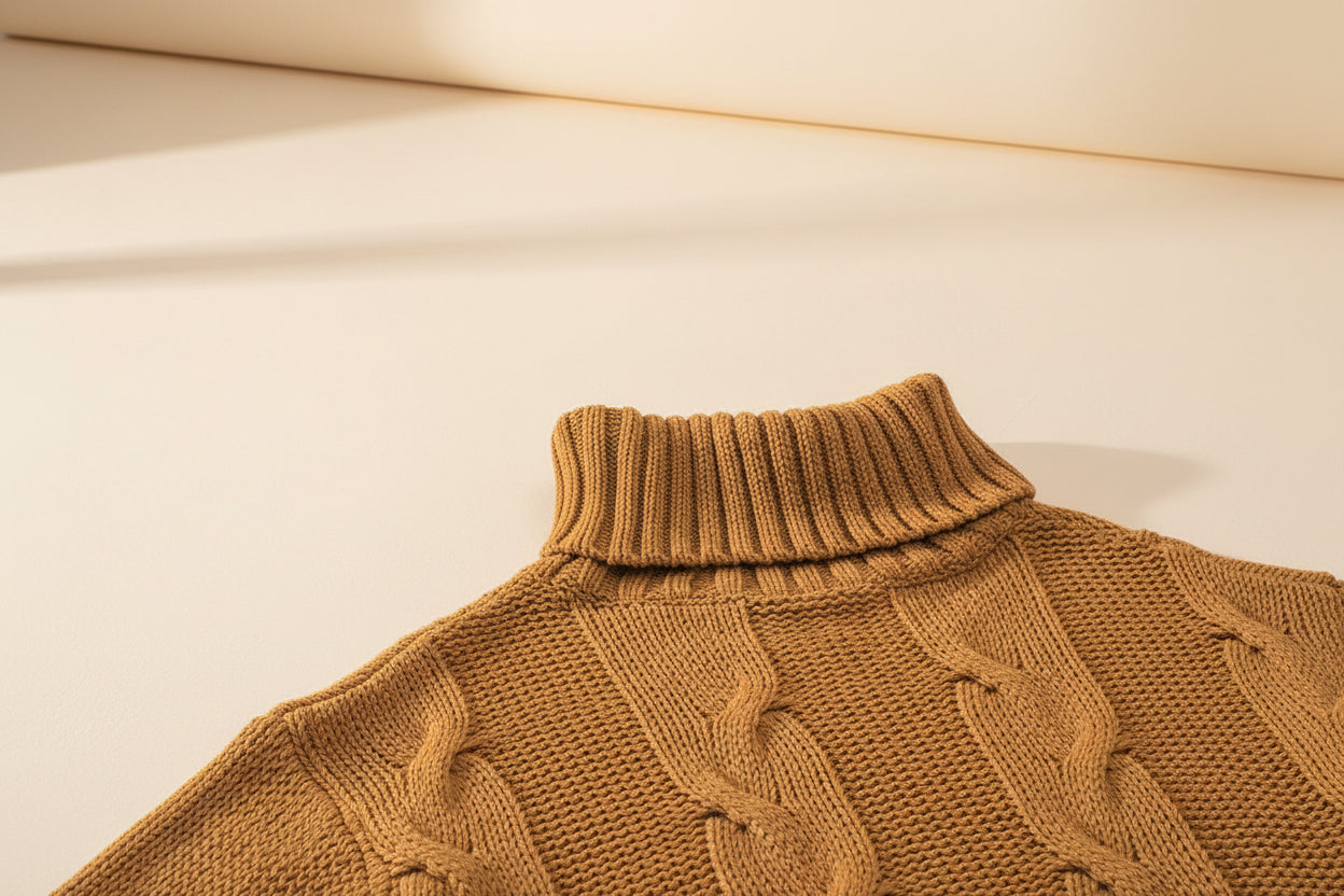 Cable-Knit Handmade Turtleneck Sweater — Detail View 9