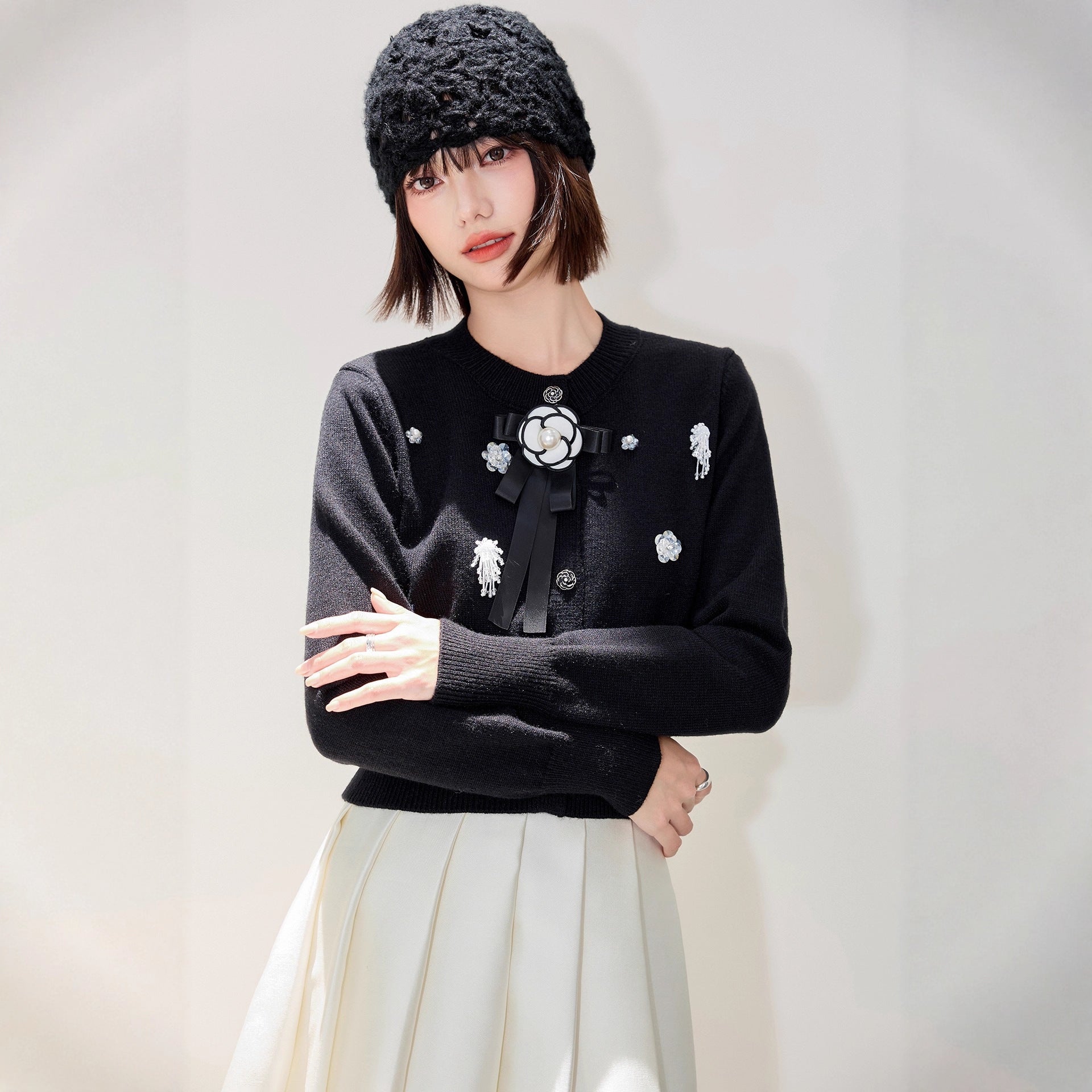 Embellished Beaded Knit Cardigan — Styling Detail