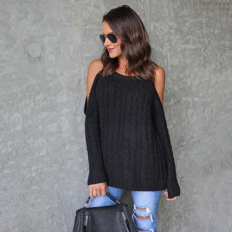 Schulterfreier Twist-Strick Pullover #Color_Black