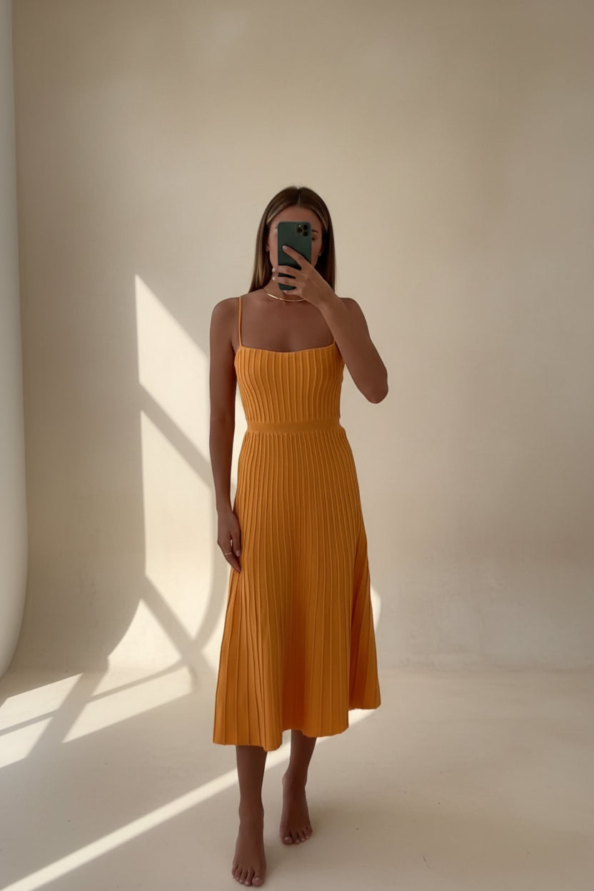 Solid Pleated Knit Slip Dress — lifestyle shot
