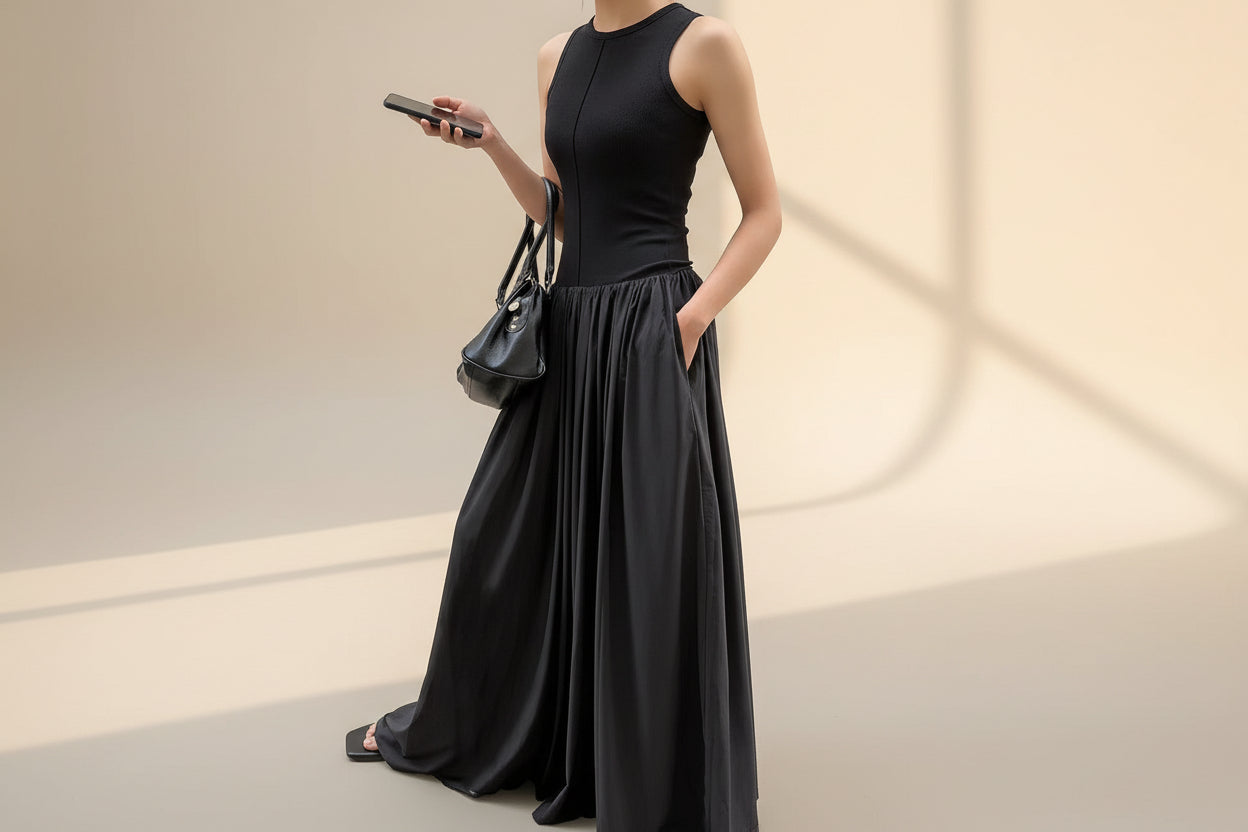 Minimalist Cotton Knit Patchwork Maxi Dress — alternate angle