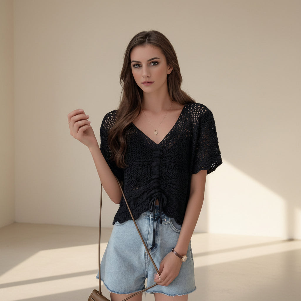 ELNOVÉ V-Neck Hollow Knit Beach Cover-Up