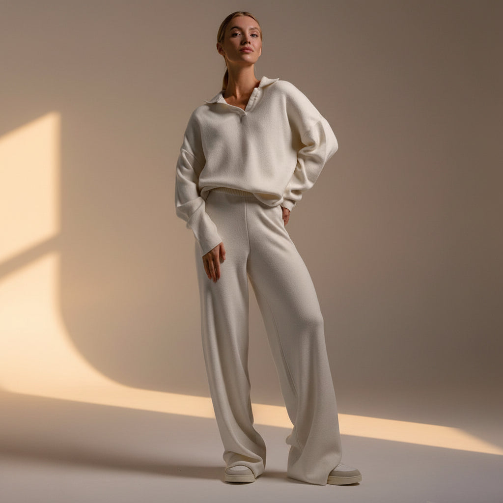 High Neck Knit Sweater & Wide Leg Pants Set — Back View