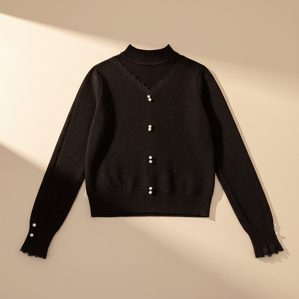 Chiffon-Trim Long Sleeve Knit Sweater — Styling Detail