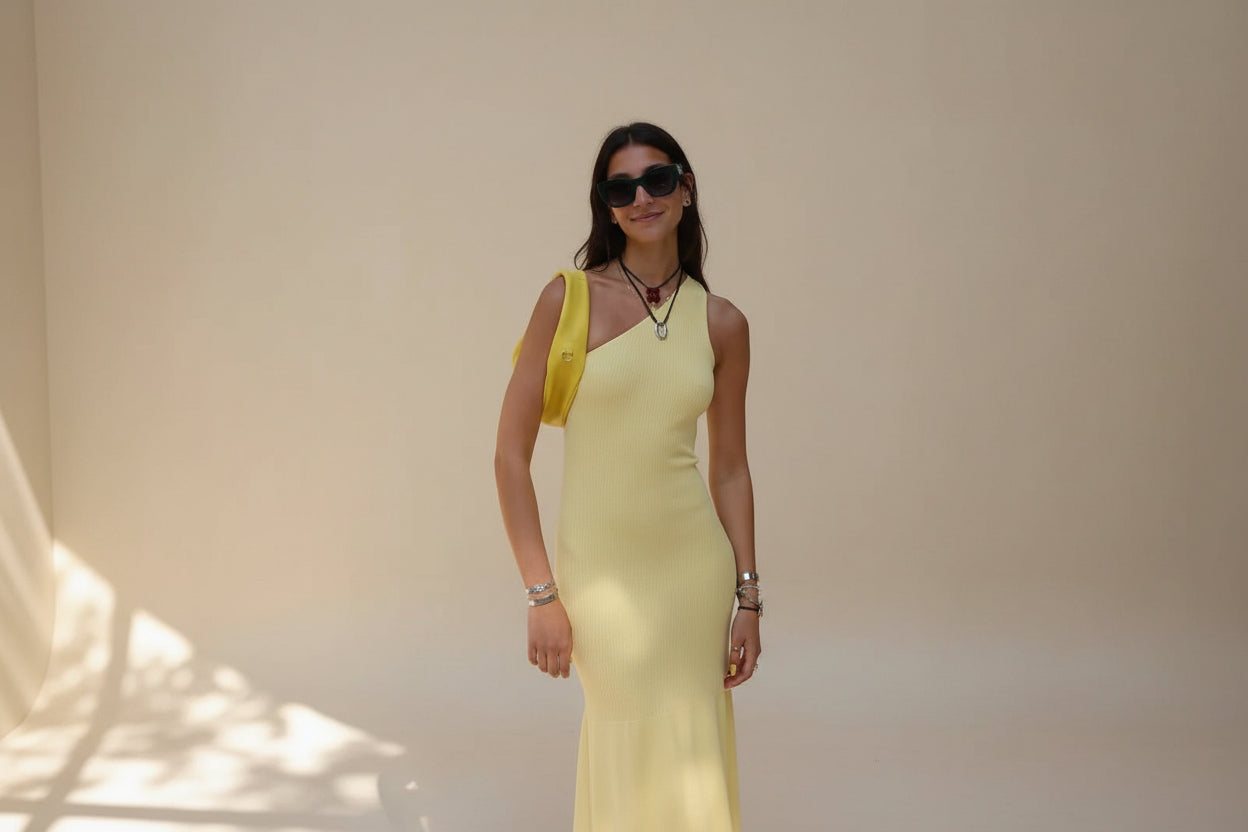 Asymmetric Sleeveless Knit Maxi Dress — Close-Up