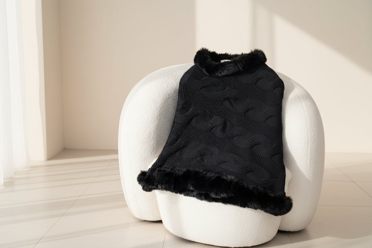 Fuzzy Hem Cable-Knit Poncho — Detail View 17