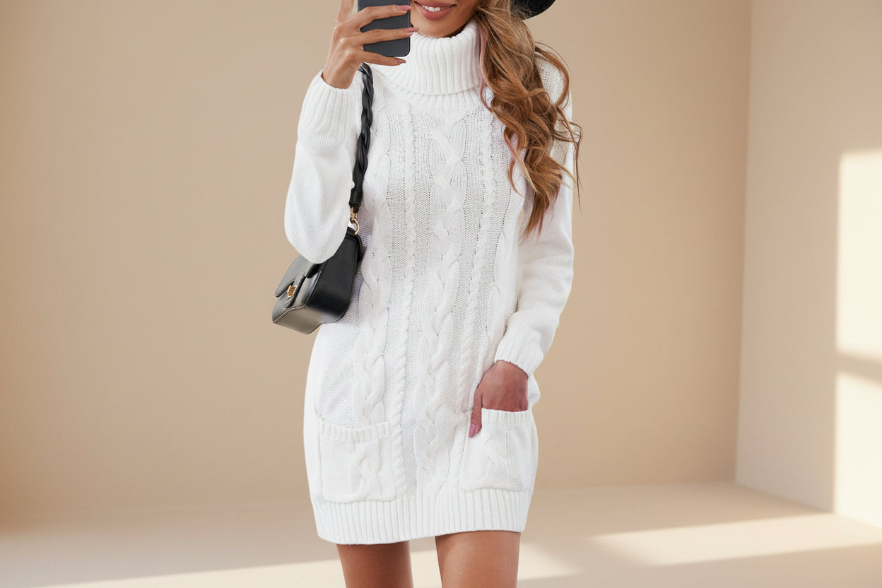 Olive Cowl Neck Cable Knit Sweater Dress — Back View