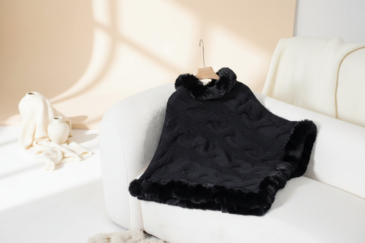 Fuzzy Hem Cable-Knit Poncho — Detail View 16