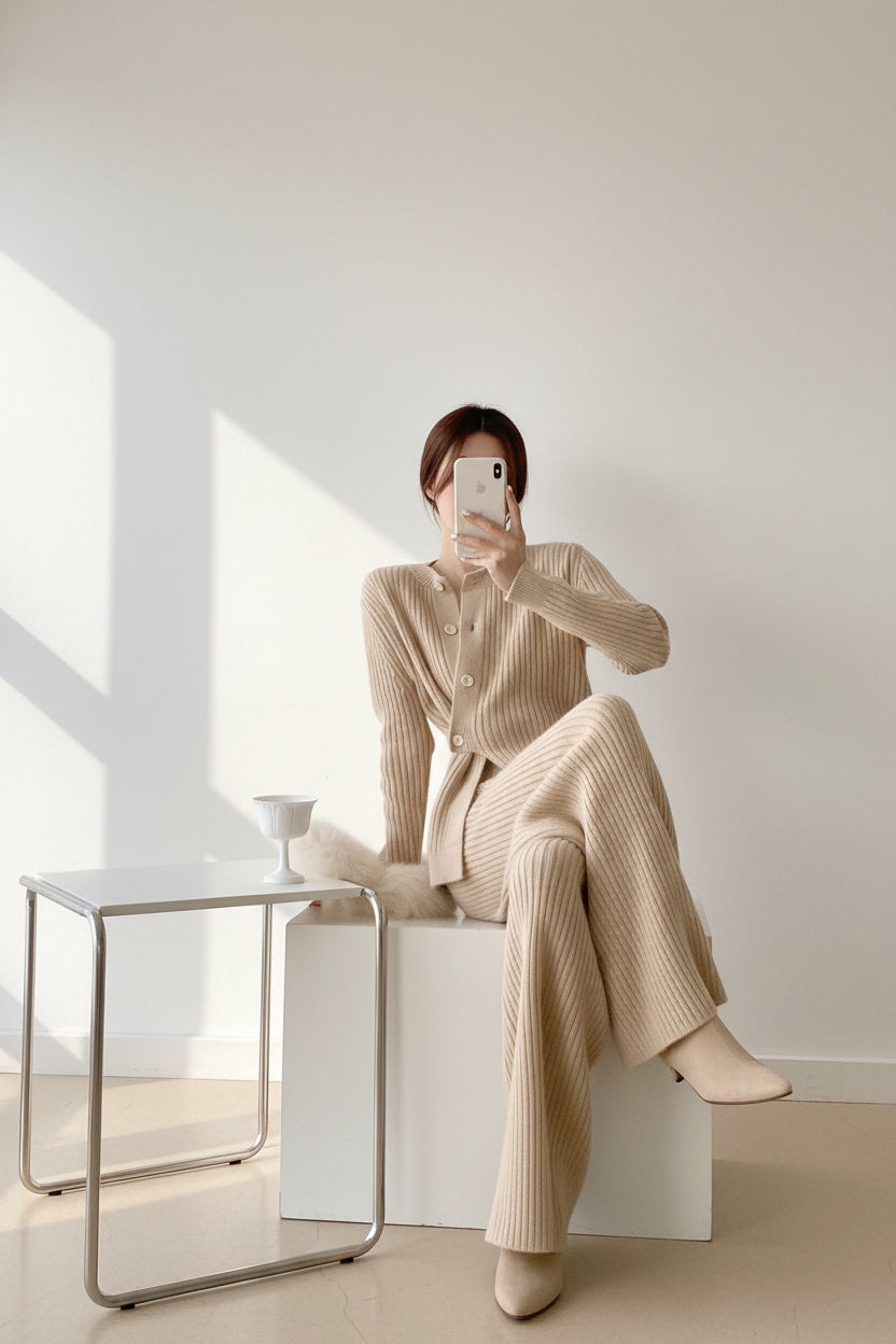 Stand Collar Split Knit Sweater & Pants Set — Detail View 4