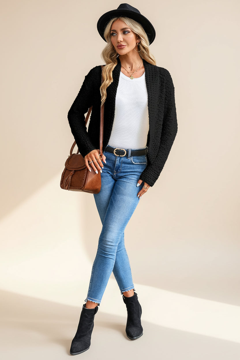 Red Popcorn Knit Open Front Cardigan — Detail View 11