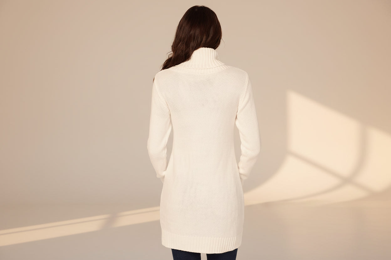 Olive Cowl Neck Cable Knit Sweater Dress — Detail View 11