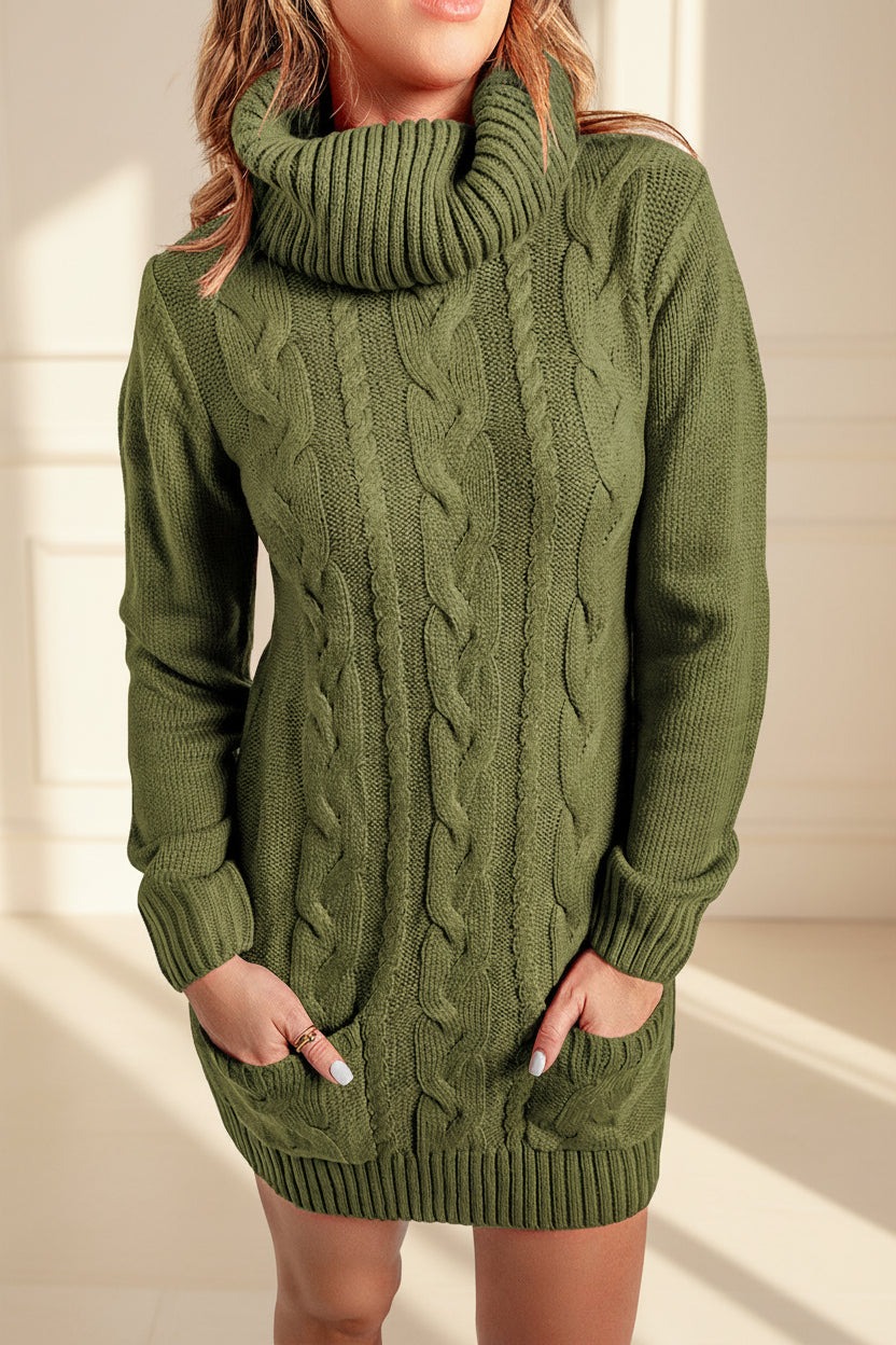 Olive Cowl Neck Cable Knit Sweater Dress — Detail View 4