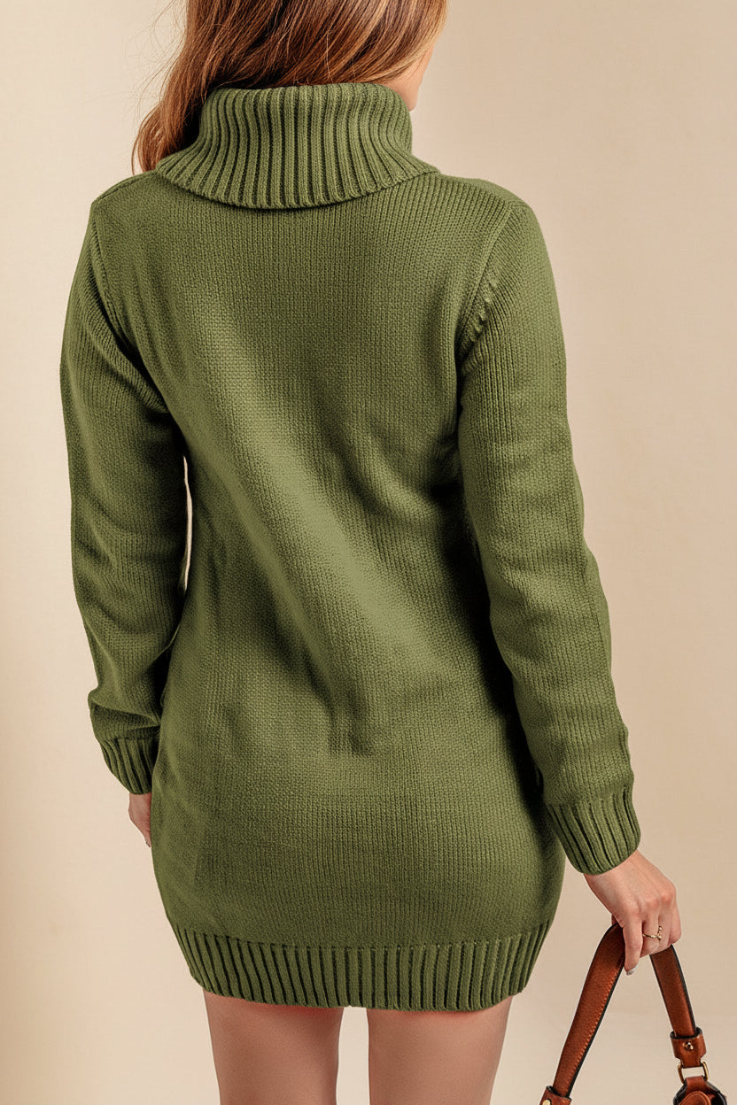 Olive Cowl Neck Cable Knit Sweater Dress — Detail View 1
