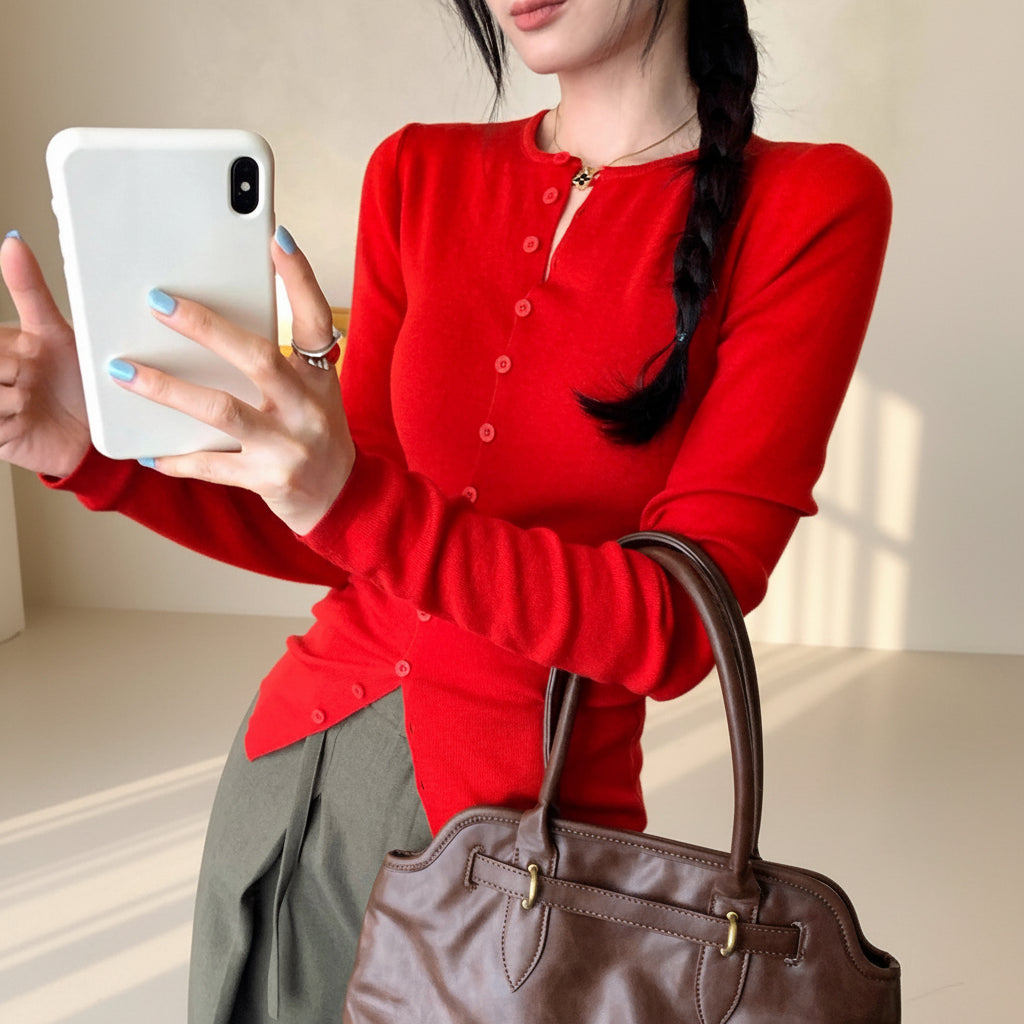 ELNOVÉ Single-Breasted Knit Cardigan