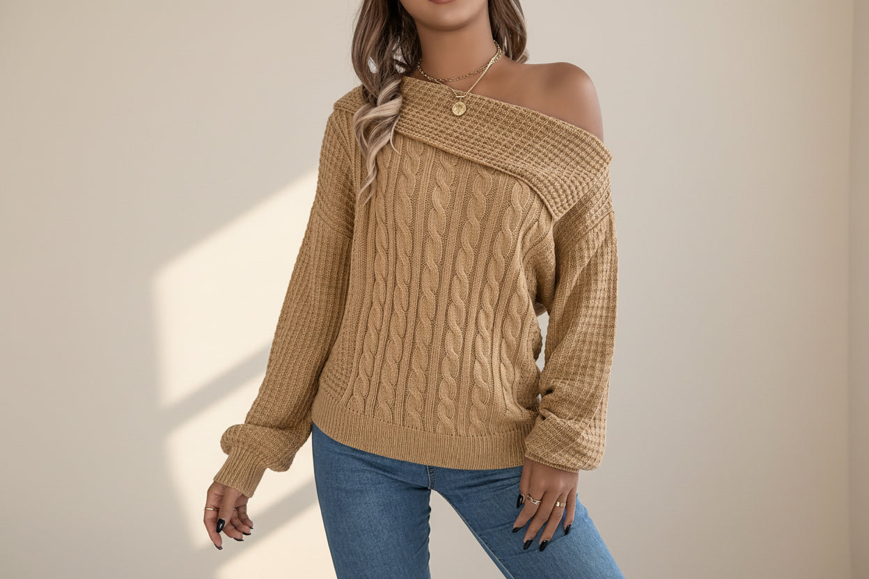 Cable-Knit One-Shoulder Sweater — Back View