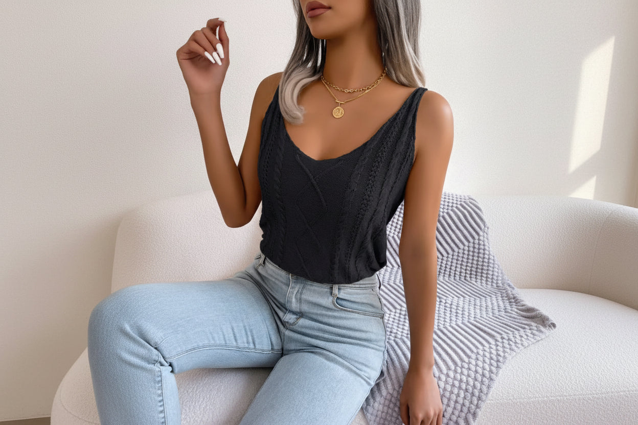 Cable-Knit Scoop Neck Vest — Detail View 15