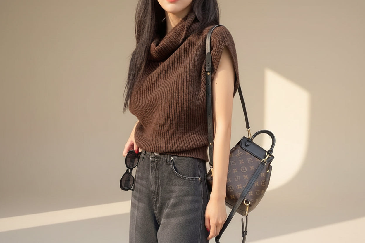 High Neck Ribbed Knit Vest — Side View