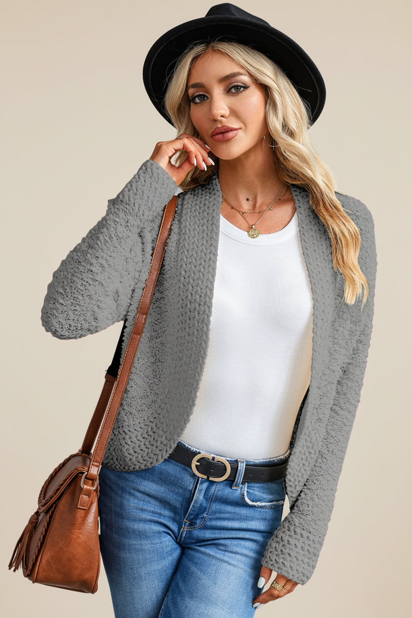 Red Popcorn Knit Open Front Cardigan — Detail View 36