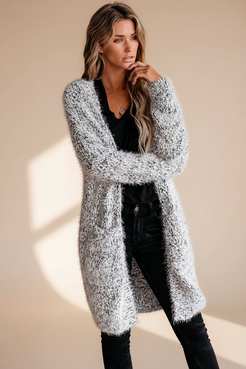 Gray Fuzzy Knit Cardigan with Pockets — Detail View 3