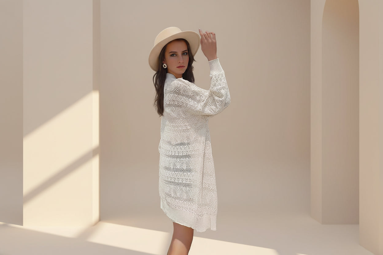 Crochet Diamond Open-Front Beach Cardigan — styling view