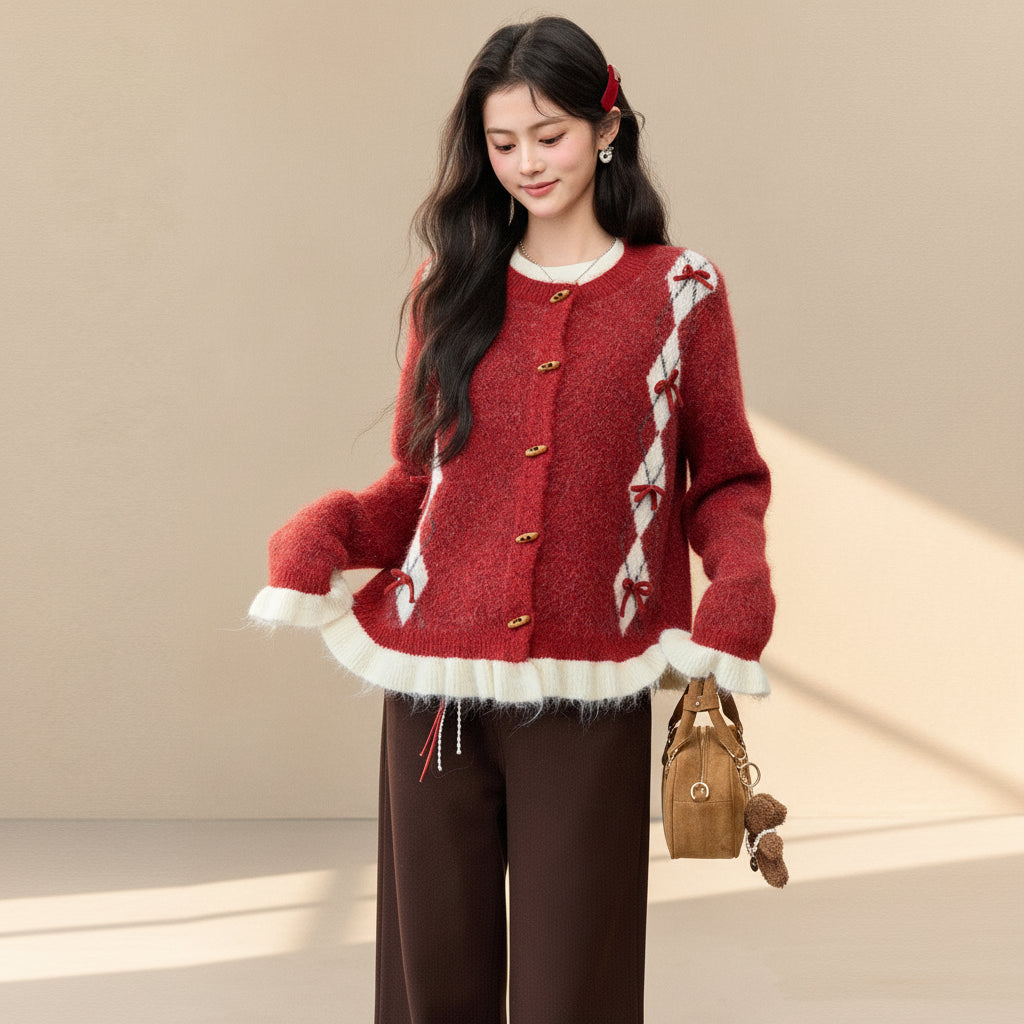 ELNOVÉ Red Bow Knit Cardigan