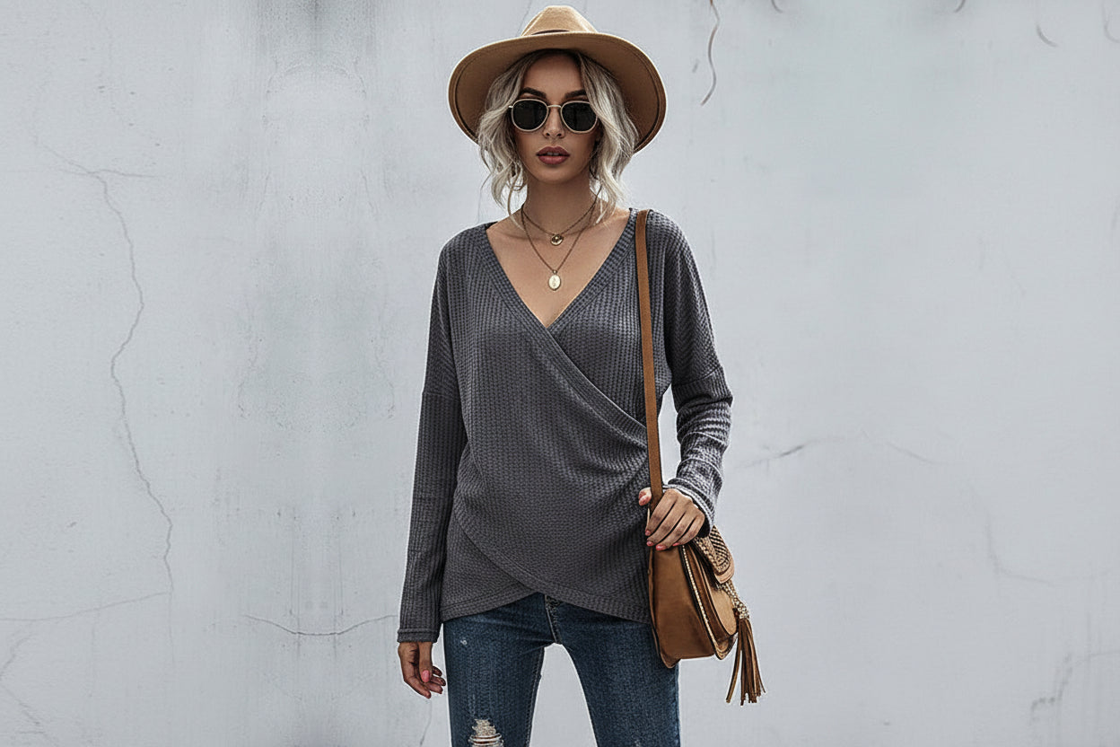 ELNOVÉ Giselle Waffle-Knit Surplice Long Sleeve Top