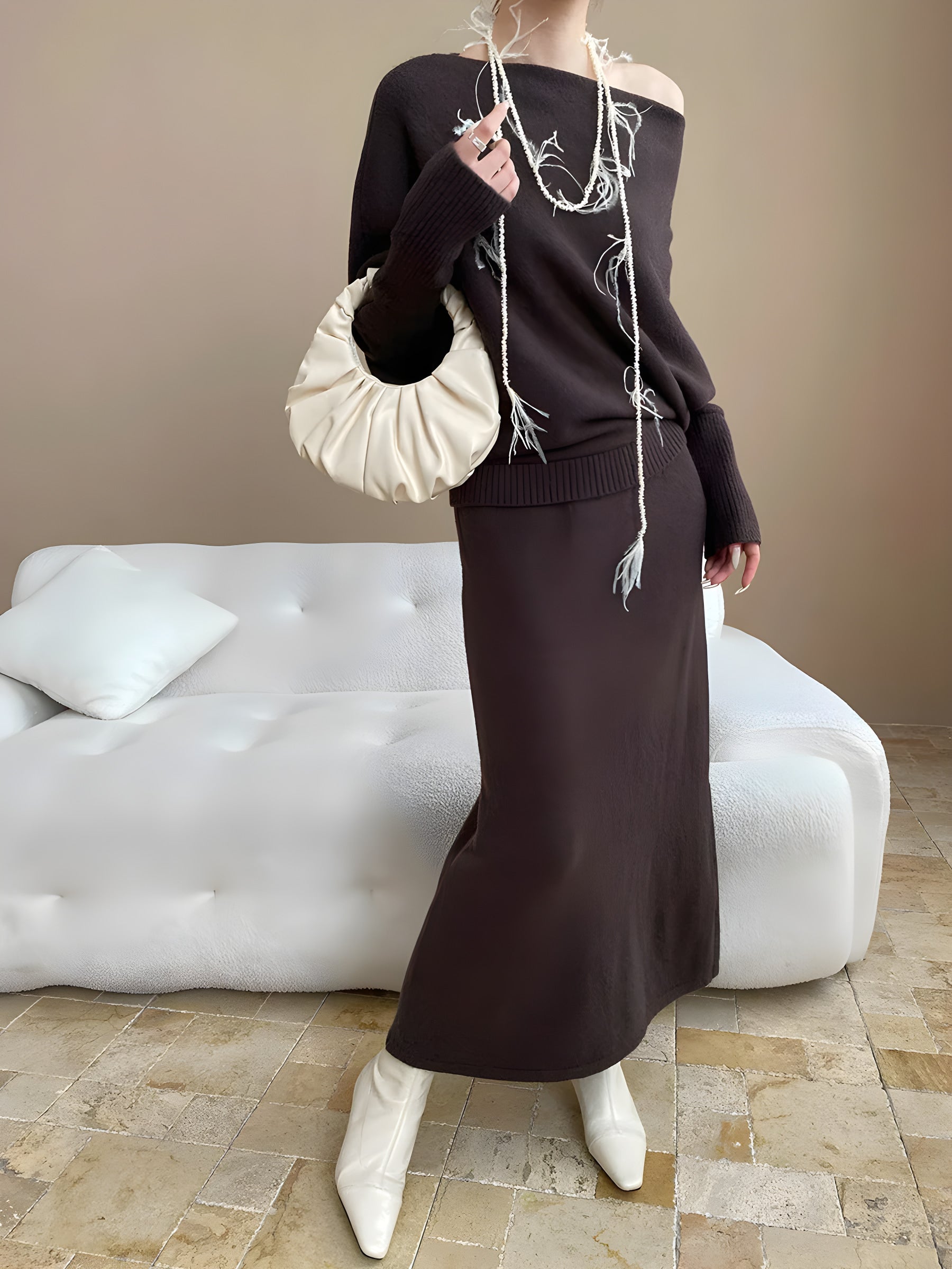 batwing off-shoulder knit two-piece set#Color_Brown
