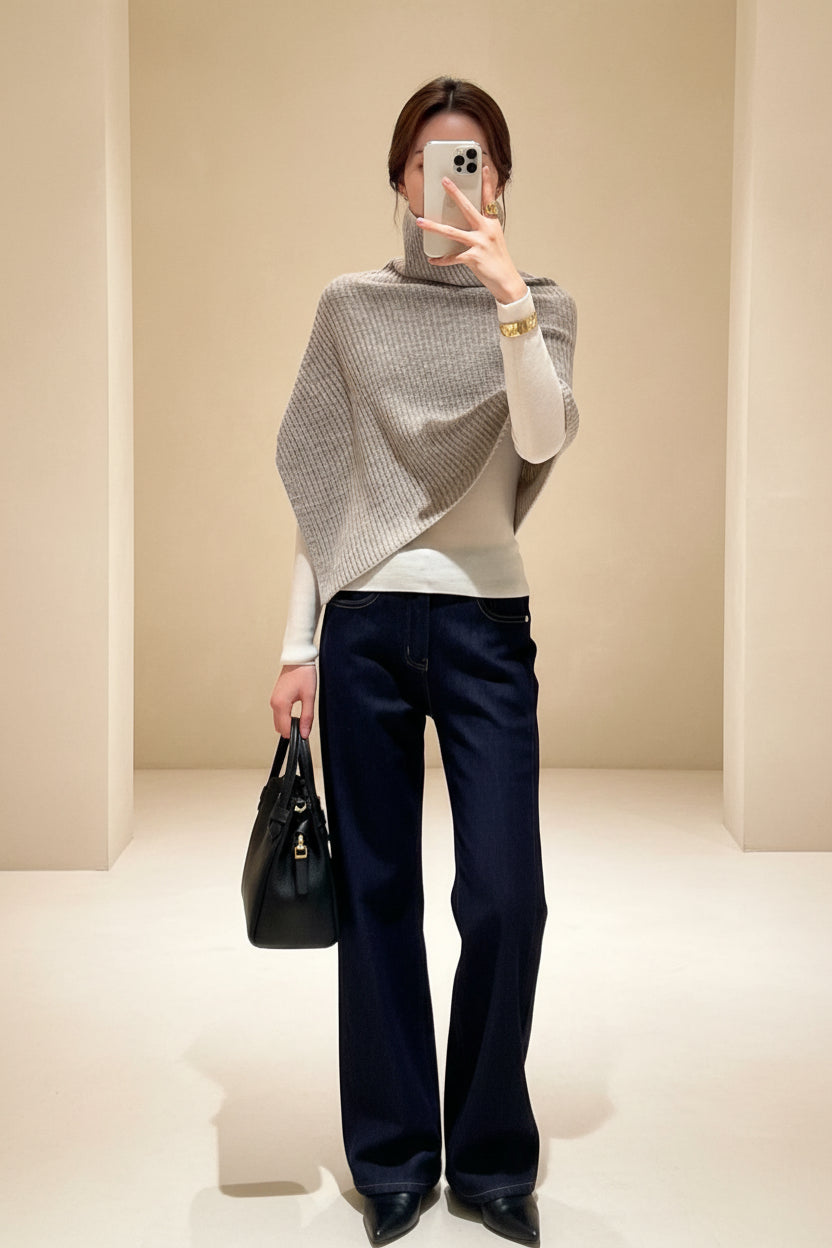 ELNOVÉ Apricot High Neck Shawl Knit Cape