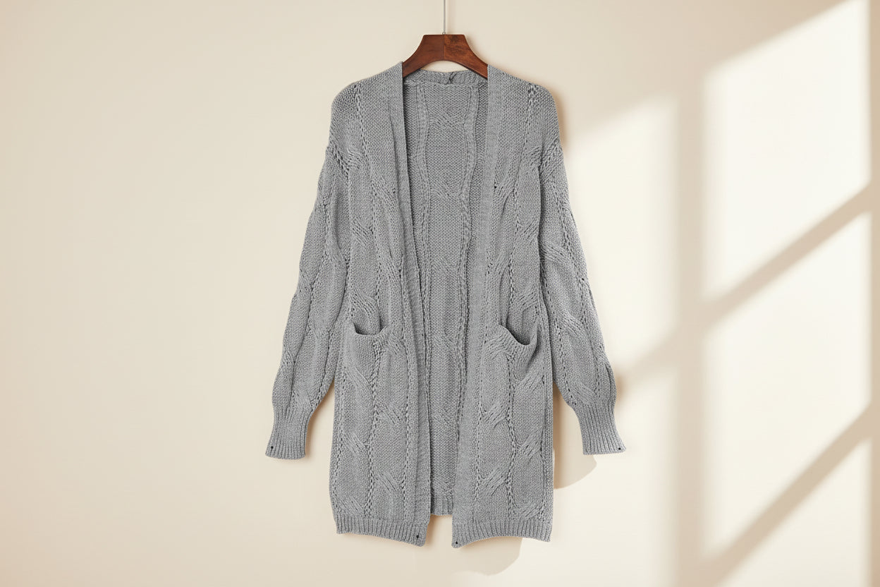 Ribbed Trim Eyelet Cable Knit Cardigan — Texture Detail