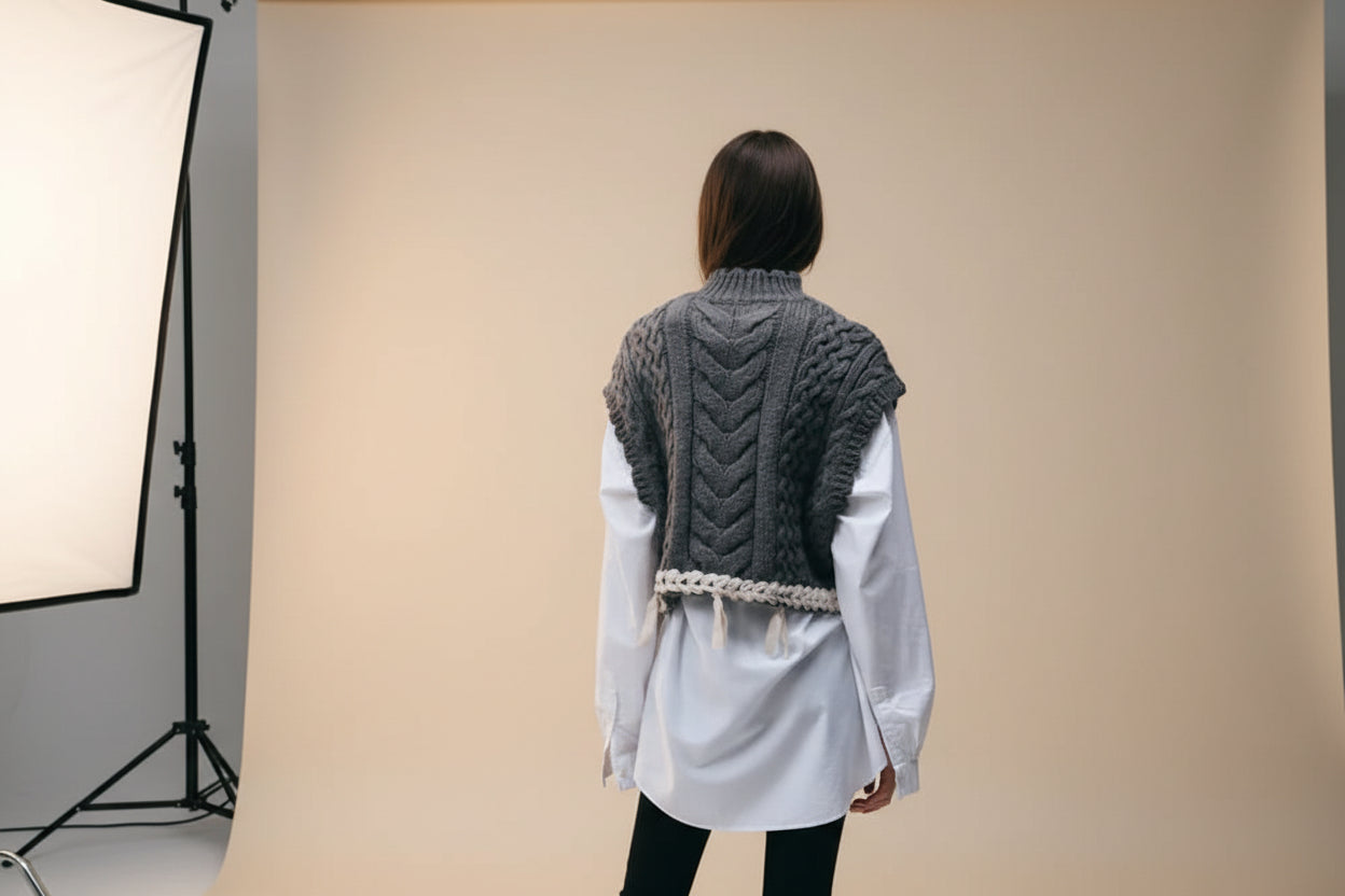 Braided High-Collar Knit Vest
