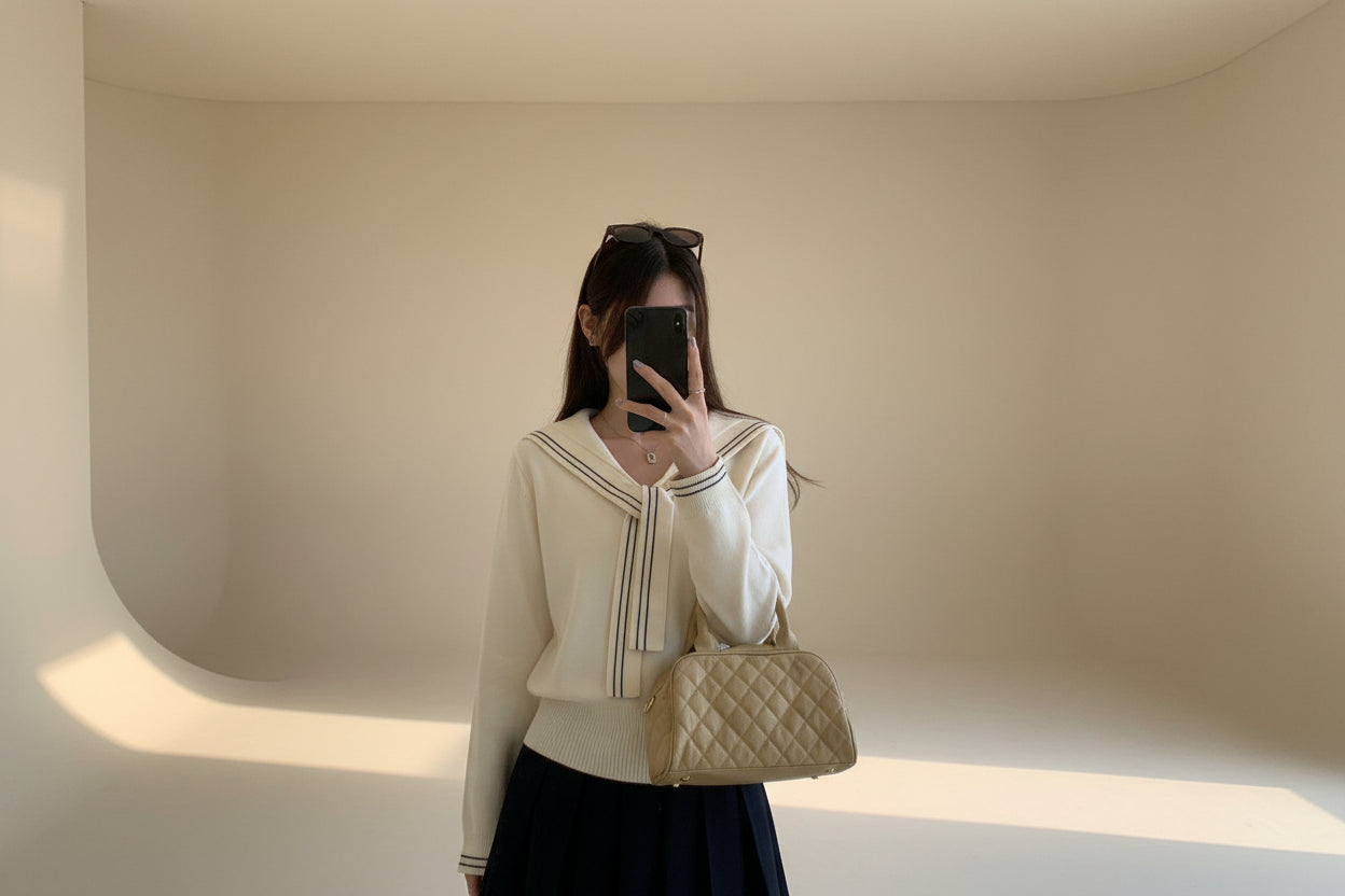 ELNOVÉ Navy Collar Tie-Neck Knit Sweater